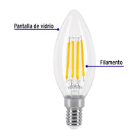 Foco LED Tipo Vela E14 de 4W con Filamento en Luz Cálida