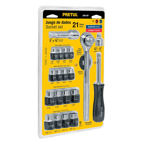 Juego de 21 Herramientas 1/4” y 3/8” para Mecánico