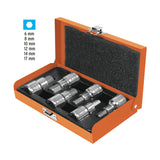Juego de 6 Dados Cuadro 1/2" Punta Hex mm, Estuche Metálico