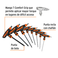 Juego de 8 Llaves Allen mm Extra Largas Mango T, Punta de Bola