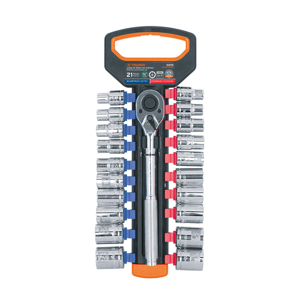 Juego de Dados mm y std con Matraca, Cuadro 1/2"