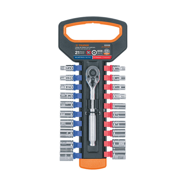 Juego de Dados mm y std con Matraca, Cuadro 1/4"