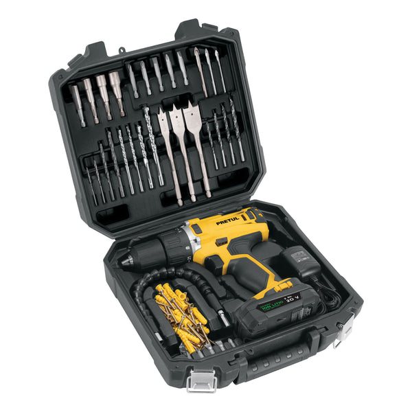 KIT de Taladro Inalambrico 1/2" y Accesorios en Color Amarillo con Estuche