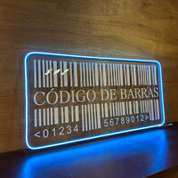 Letrero LED Neón con Logotipo Código de Barras en Acabado Acrilico Transparente y Blanco con Luz Azul Cielo