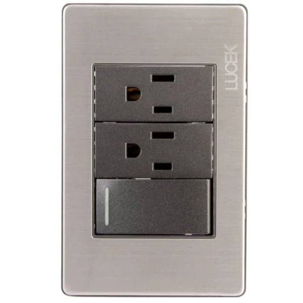 Placa Metálica con 1 Interruptor Escalera y 2 Contactos