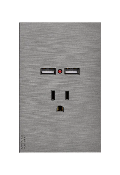 Placa Plana con 1 Contacto y 2 Entradas de USB en Color Plata