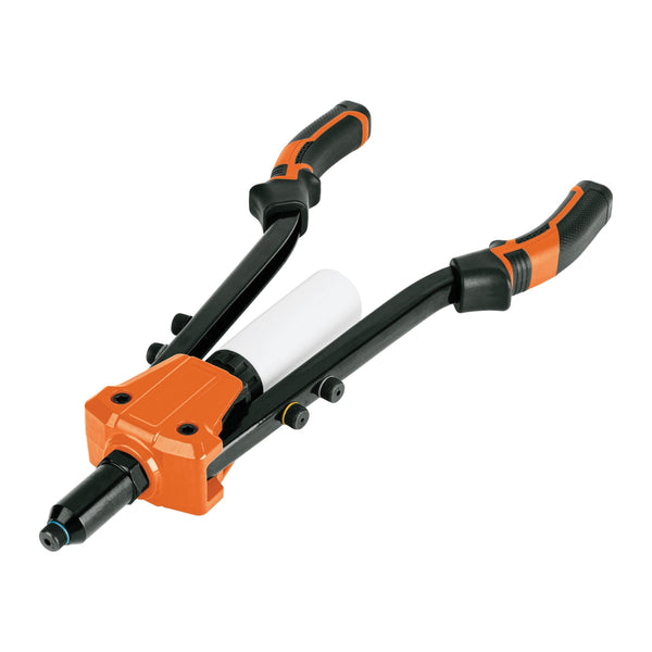 Remachadora a Dos Manos Tipo Tijera en Color Negro con Naranja