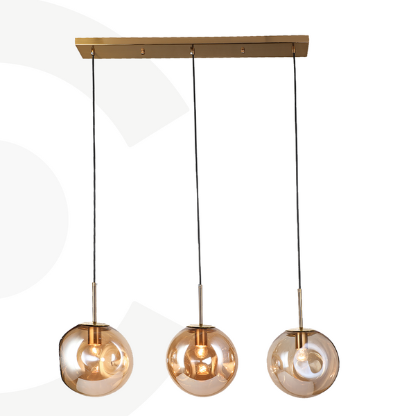 Lampara Lineal de 3 Luces en Acabado Dorado con Esferas Ambar