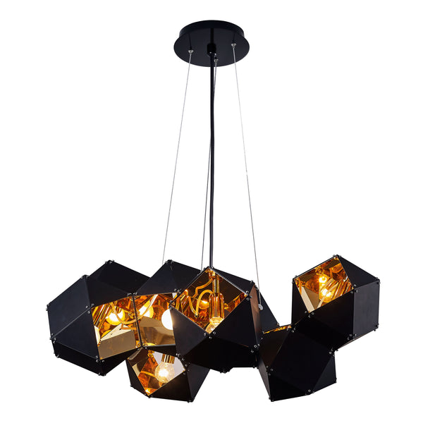 Lámpara de Lujo para 8 Luces en Acabado Negro Mate con Interior Oro