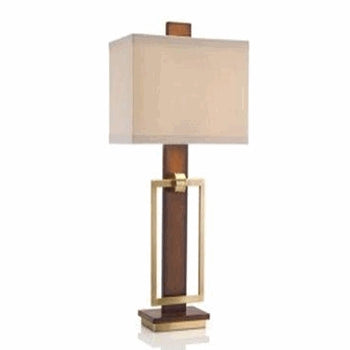 Lampara de Mesa Extra Grande en Color Dorado con Nogal y Pantalla en Color Beige