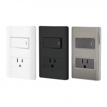 Placa con 1 Interruptor Sencillo y 1 Contacto Disponible en Color Blanco, Negro y Acero (Modelo a Elegir)