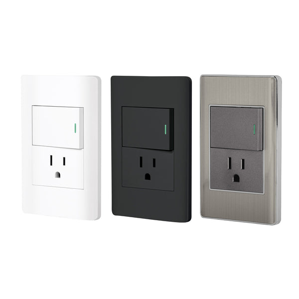 Placa con 1 Interruptor Sencillo y 1 Contacto Disponible en Color Blanco, Negro y Acero (Modelo a Elegir)