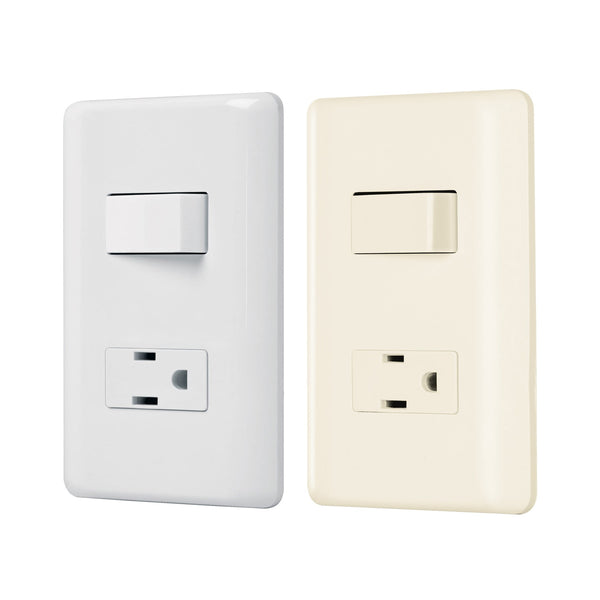 Placa con 1 Interruptor Sencillo y 1 Contacto Disponible en Color Blanco y Marfil Linea Basica (Modelo a Elegir)