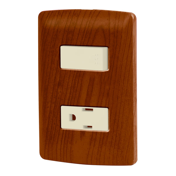 Placa con 1 Interruptor Sencillo y 1 Contacto en Color Madera