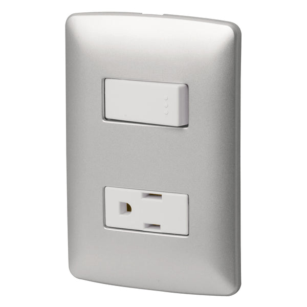 Placa con 1 Interruptor Sencillo y 1 Contacto en Color Plata