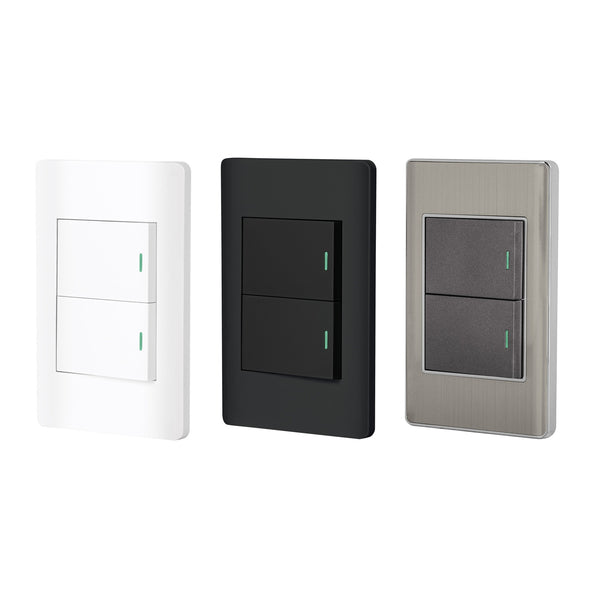 Placa con 1 Interruptor Sencillo y 1 Interruptor Escalera Disponible en Color Blanco, Negro y Acero (Modelo a Elegir)