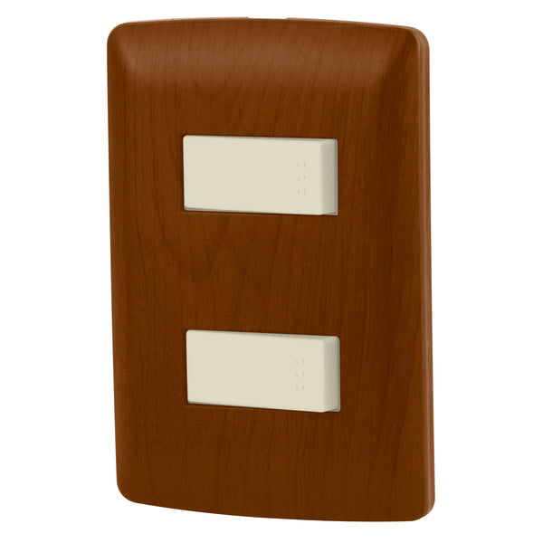 Placa con 1 Interruptor Sencillo y 1 Interruptor Escalera en Color Madera