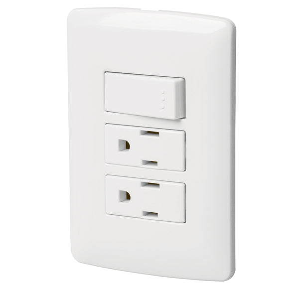 Placa con 1 Interruptor Sencillo y 2 Contactos en Color Blanco