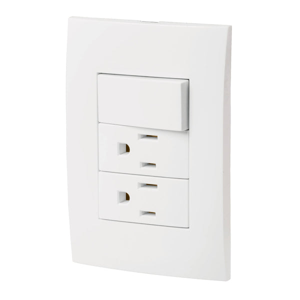 Placa con 2 Contactos y 1 Interruptor Sencillo en Color Blanco