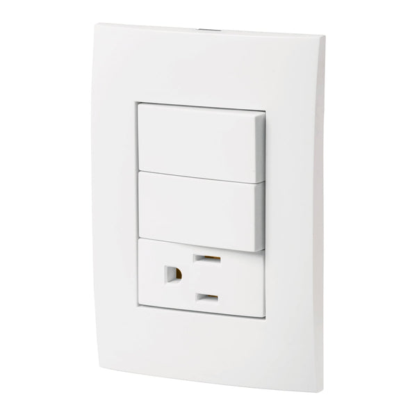 Placa con 2 Interruptores Sencillos y 1 Contacto en Color Blanco