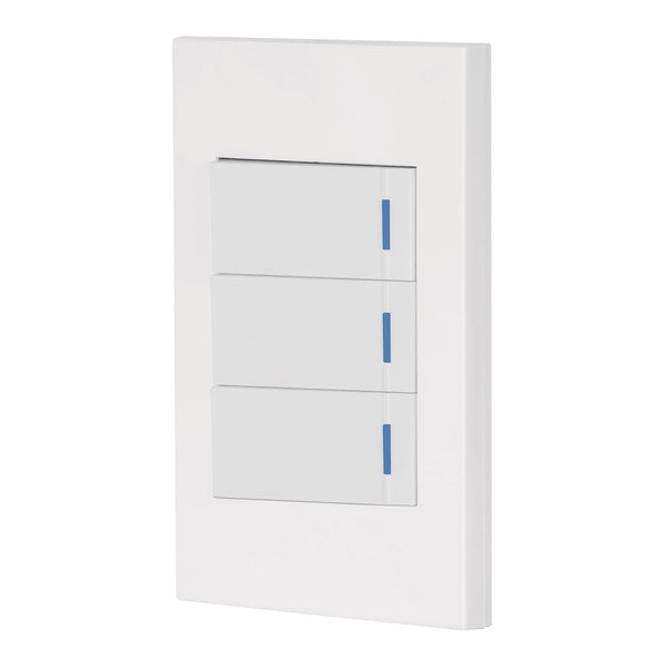 Placa con 2 Interruptores Sencillos y 1 Interruptor Escalera en Color Blanco