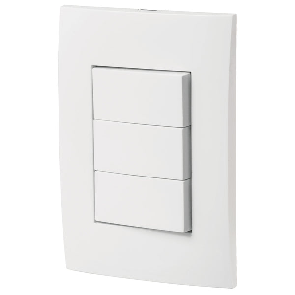 Placa con 2 Interruptores Sencillos y 1 Interruptor Escalera en Color Blanco