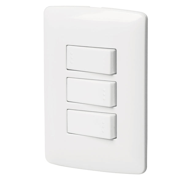 Placa con 2 Interruptores Sencillos y 1 Interruptor Escalera en Color Blanco