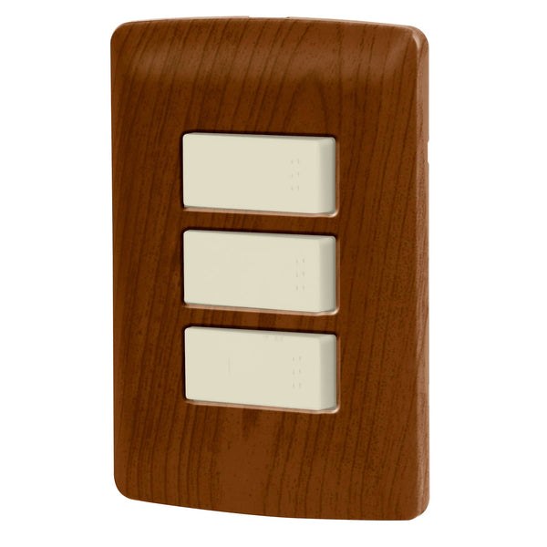 Placa con 2 Interruptores Sencillos y 1 Interruptor Escalera en Color Madera