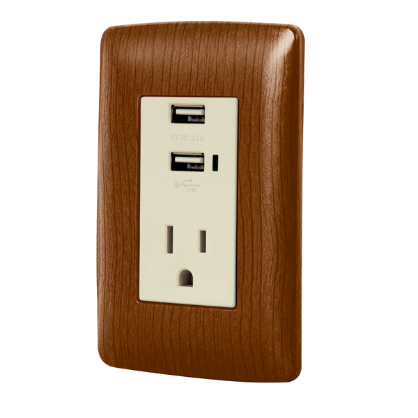 Placa con 2 Puertos USB y 1 Contacto en Color Madera