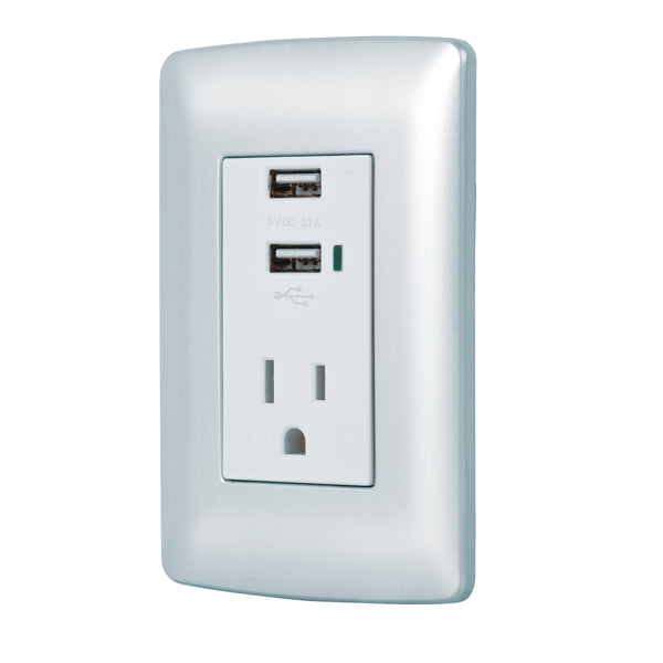 Placa con 2 Puertos USB y 1 Contacto en Color Plata