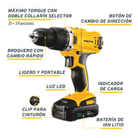Taladro Inalambrico 1/2" de 20 V Color Amarillo